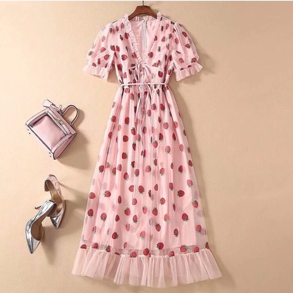 Strawberry V Neck Tulle Summer Dress ,